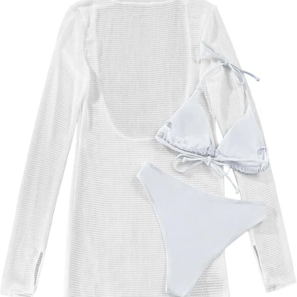 Sexy Long Sleeve Mesh Swimsuit 3 Pieces Cover Up Bikini Set - Picture 5 of 5